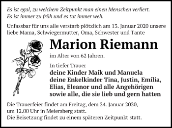 Traueranzeige von Marion Riemann von Haff-Zeitung