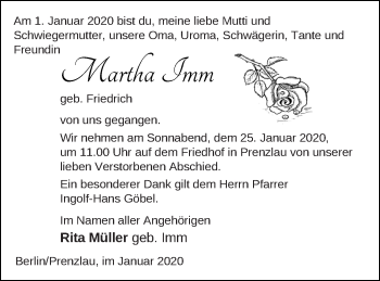 Traueranzeige von Martha Imm von Prenzlauer Zeitung