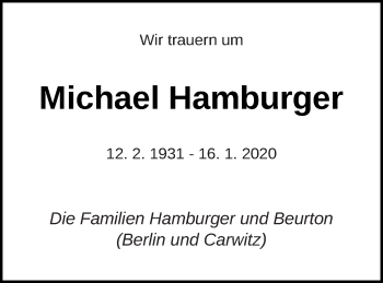 Traueranzeige von Michael Hamburger von Strelitzer Zeitung