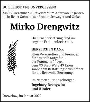 Traueranzeige von Mirko Drengwitz von Vorpommern Kurier