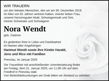 Traueranzeige von Nora Wendt von Prenzlauer Zeitung