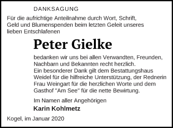 Traueranzeige von Peter Gielke von Müritz-Zeitung