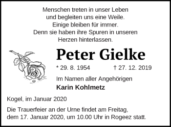 Traueranzeige von Peter Gielke von Müritz-Zeitung