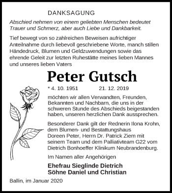 Traueranzeige von Peter Gutsch von Neubrandenburger Zeitung