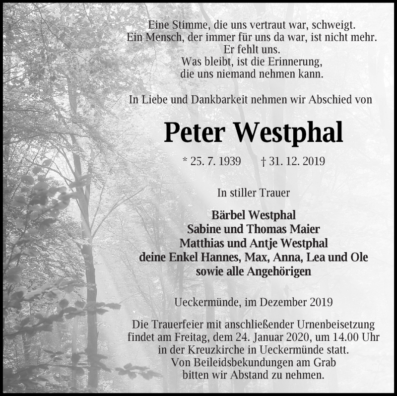  Traueranzeige für Peter Westphal vom 04.01.2020 aus Haff-Zeitung