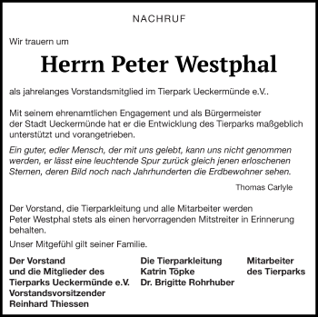 Traueranzeige von Peter Westphal von Haff-Zeitung