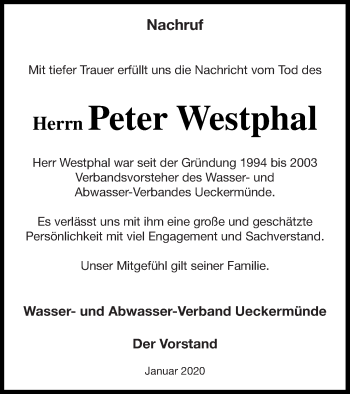 Traueranzeige von Peter Westphal 