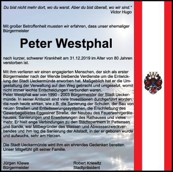 Traueranzeige von Peter Westphal von Haff-Zeitung