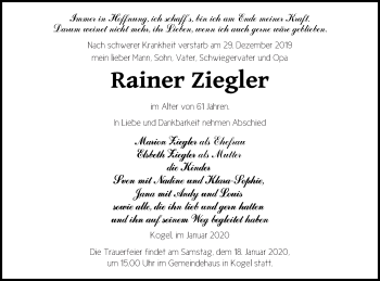 Traueranzeige von Rainer Ziegler von Müritz-Zeitung