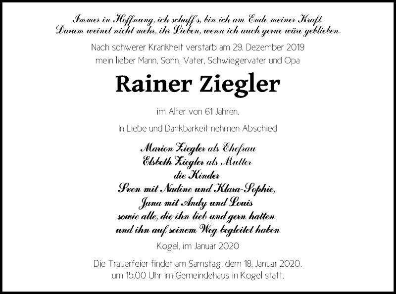  Traueranzeige für Rainer Ziegler vom 11.01.2020 aus Müritz-Zeitung