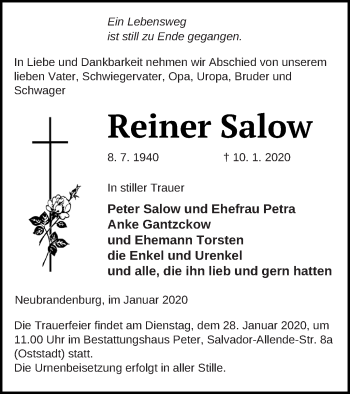 Traueranzeige von Reiner Salow von Neubrandenburger Zeitung