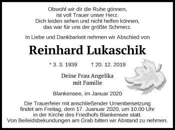 Traueranzeige von Reinhard Lukaschik von Strelitzer Zeitung