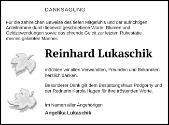 Traueranzeige von Reinhard Lukaschik von Strelitzer Zeitung