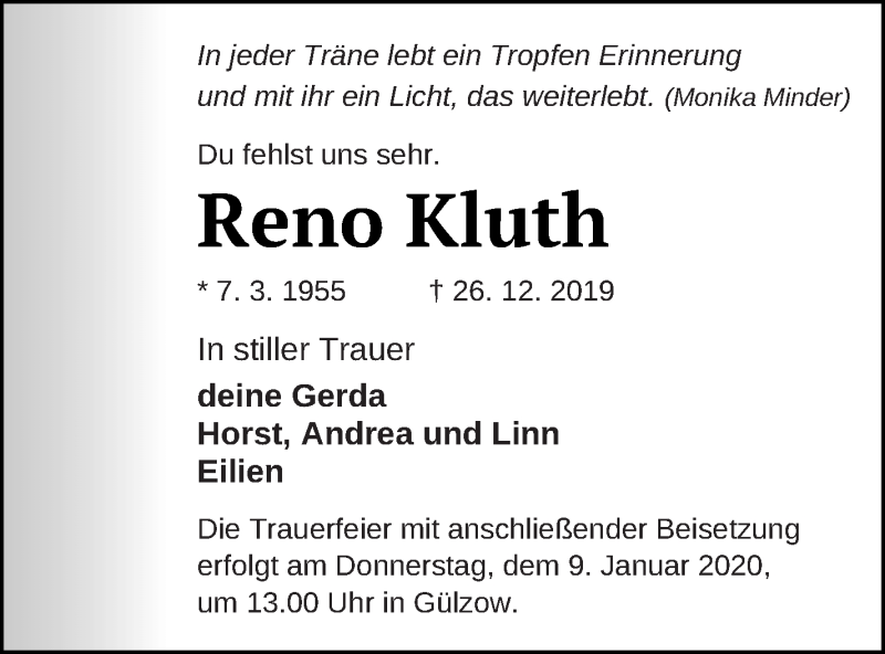  Traueranzeige für Reno Kluth vom 03.01.2020 aus Mecklenburger Schweiz