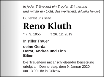 Traueranzeige von Reno Kluth von Mecklenburger Schweiz