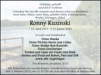 Traueranzeige von Ronny Kuzinski von Vorpommern Kurier