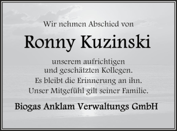 Traueranzeige von Ronny Kuzinski von Vorpommern Kurier