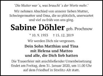 Traueranzeige von Sabine Döhler von Strelitzer Zeitung