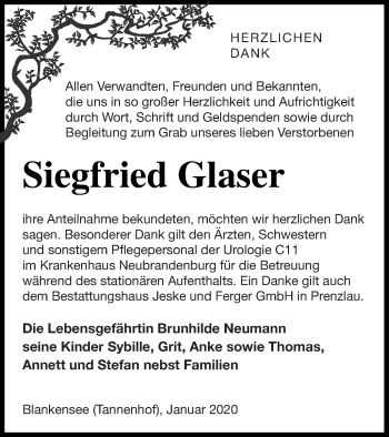 Traueranzeige von Siegfried Glaser von Strelitzer Zeitung