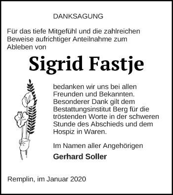 Traueranzeige von Sigrid Fastje von Mecklenburger Schweiz