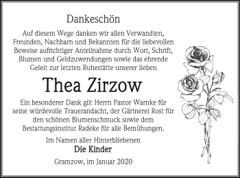 Traueranzeige von Thea Zirzow von Vorpommern Kurier