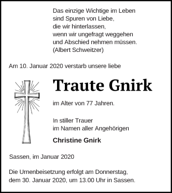 Traueranzeige von Traute Gnirk von Vorpommern Kurier