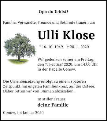 Traueranzeige von Ulli Klose von Strelitzer Zeitung