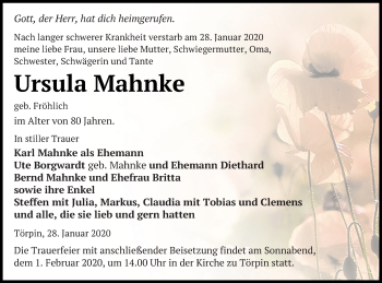 Traueranzeige von Ursula Mahnke von Demminer Zeitung