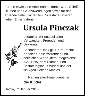 Traueranzeige von Ursula Pinczak von Müritz-Zeitung