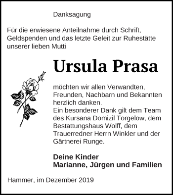 Traueranzeige von Ursula Prasa von Haff-Zeitung