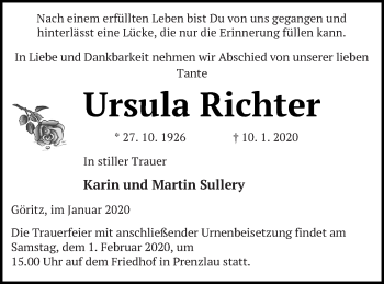 Traueranzeige von Ursula Richter von Prenzlauer Zeitung