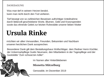 Traueranzeige von Ursula Rinke von Templiner Zeitung