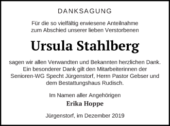 Traueranzeige von Ursula Stahlberg von Mecklenburger Schweiz