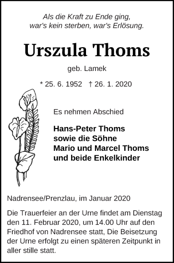 Traueranzeige von Urszula Thoms von Pasewalker Zeitung