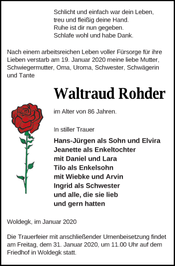 Traueranzeige von Waltraud Rohder von Strelitzer Zeitung