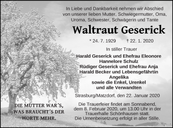 Traueranzeige von Waltraut Geserick von Pasewalker Zeitung