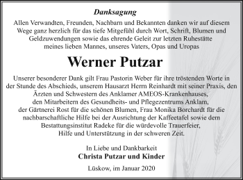 Traueranzeige von Werner Putzar von Vorpommern Kurier