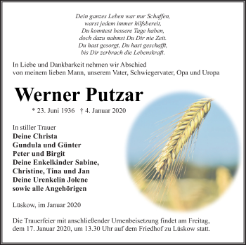 Traueranzeige von Werner Putzar von Vorpommern Kurier