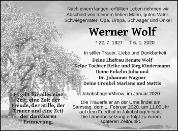 Traueranzeige von Werner Wolf von Strelitzer Zeitung