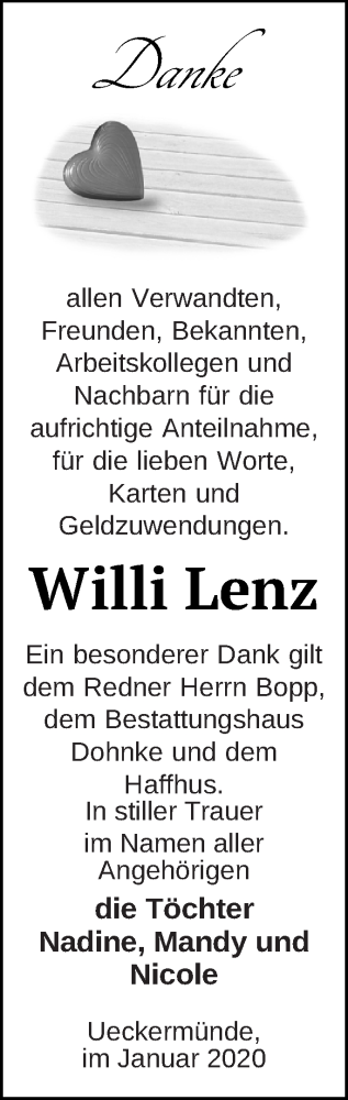 Traueranzeige von Willi Lenz von Haff-Zeitung