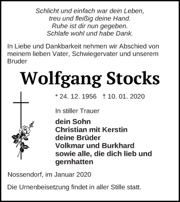 Traueranzeige von Wolfgang Stocks von Demminer Zeitung