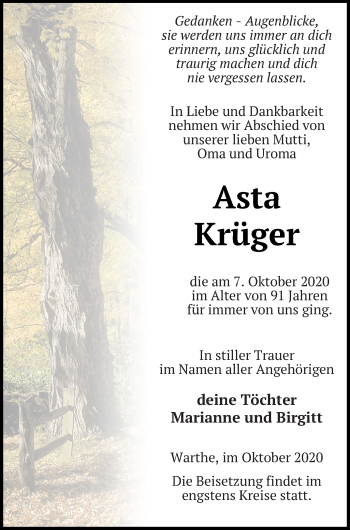 Traueranzeige von Aasta Krüger von Templiner Zeitung