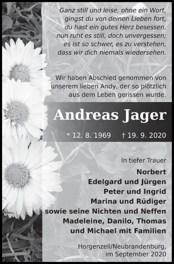  Traueranzeige für Andreas Jager vom 02.10.2020 aus Neubrandenburger Zeitung