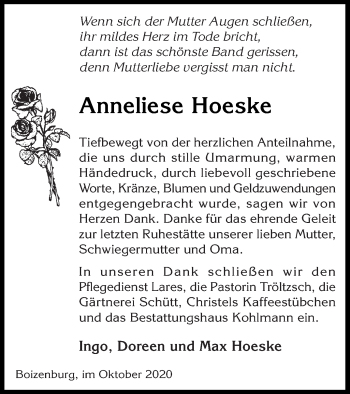 Traueranzeige von Anneliese Hoeske von Vorpommern Kurier