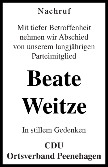 Traueranzeige von Beate Weitze von Müritz-Zeitung