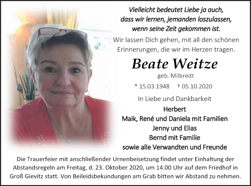  Traueranzeige für Beate Weitze vom 16.10.2020 aus Müritz-Zeitung