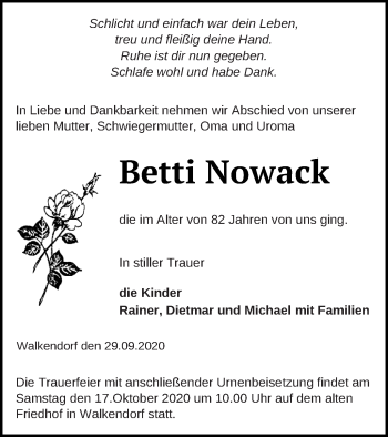 Traueranzeige von Betti Nowack von Mecklenburger Schweiz