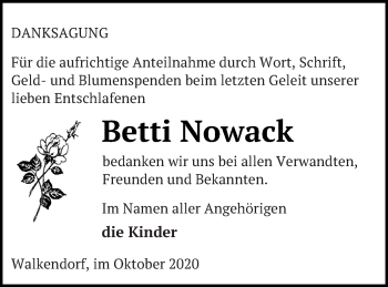 Traueranzeige von Betti Nowack von Mecklenburger Schweiz