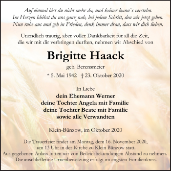 Traueranzeige von Brigitte Haack von Vorpommern Kurier