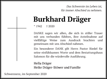 Traueranzeige von Burkhard Dräger von Pasewalker Zeitung